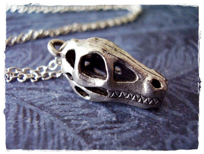 Silver Dinosaur Skull Necklace Antique Pewter Dinosaur Skull Charm on a Delicate Silver Plated Cable Chain or Charm Only image 1