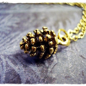 Tiny Gold Pine Cone Necklace - Antique Gold Pewter Pine Cone Charm on a Delicate Gold Plated Cable Chain or Charm Only