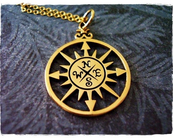 Gold Compass Rose Necklace - Bronze Compass Rose Charm on a Delicate 14kt Gold Filled Cable Chain or Charm Only