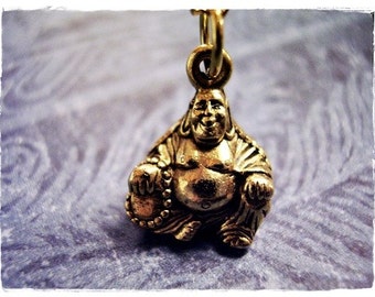 Gold Buddha Necklace - Antique Gold Pewter Buddha Charm on a Delicate Gold Plated Cable Chain or Charm Only