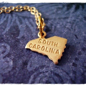 Tiny Gold South Carolina State Necklace - Raw Brass South Carolina Charm on a Delicate 14kt Gold Filled Cable Chain or Charm Only