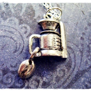 Coffee Maker and Coffee Bean Necklace Antique Pewter Coffee Maker and Coffeen Bean Charm on a Silver Plated Cable Chain or Charm Only image 1