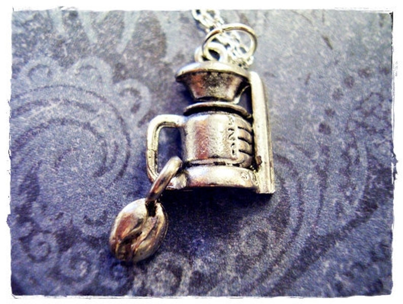 Coffee Maker and Coffee Bean Necklace Antique Pewter Coffee Maker and Coffeen Bean Charm on a Silver Plated Cable Chain or Charm Only image 1