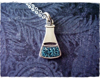 Blue Crystal Beaker Necklace - Sterling Silver Blue Pavé Crystal Beaker Charm on a Delicate Sterling Silver Cable Chain or Charm Only