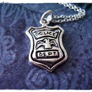 Silver Police Badge Necklace - Sterling Silver Police Badge Charm on a Delicate Sterling Silver Cable Chain or Charm Only