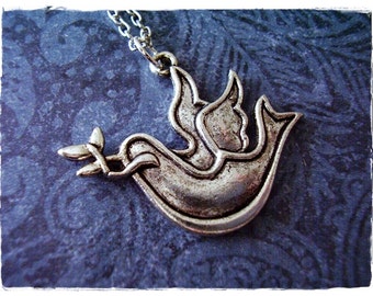 Large Dove Necklace - Antique Pewter Dove Charm on a Delicate Silver Plated Cable Chain or Charm Only