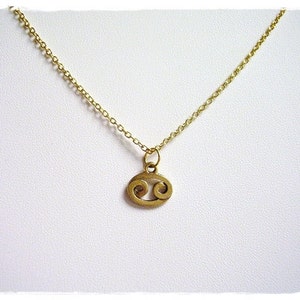 May include: A gold chain necklace with a small gold pendant in the shape of the Cancer zodiac sign.