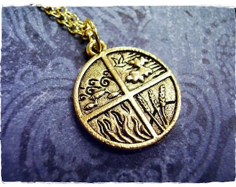 Gold Four Elements Necklace - Antique Gold Pewter Four Elements Charm on a Delicate Gold Plated Cable Chain or Charm Only