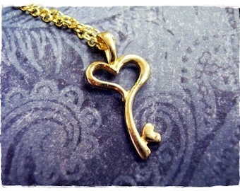 Gold Heart Key Necklace - Brass Heart Key Charm on a Delicate Gold Plated Cable Chain or Charm Only