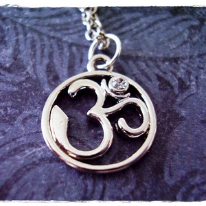 Silver Crystal Om Necklace Silver Pewter Crystal Om Charm on a Delicate Silver Plated Cable Chain or Charm Only image 1
