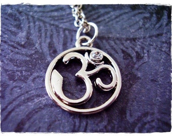 Silver Crystal Om Necklace - Silver Pewter Crystal Om Charm on a Delicate Silver Plated Cable Chain or Charm Only