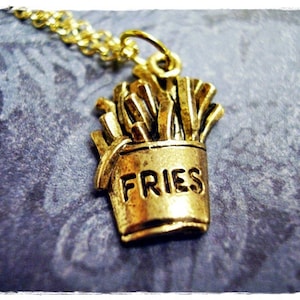 Gold French Fries Necklace - Antique Gold Pewter French Fries Charm on a Delicate Gold Plated Cable Chain or Charm Only