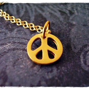 Tiny Gold Peace Sign Necklace - Tiny Matte 24kt Gold Plate Peace Sign Charm on a Delicate 14kt Gold Filled Cable Chain or Charm Only