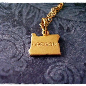 Tiny Gold Oregon State Necklace - Raw Brass Oregon Charm on a Delicate 14kt Gold Filled Cable Chain or Charm Only