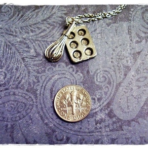 Silver Baker's Duo Necklace Antique Pewter Whisk and Muffin Tin Charms on a Delicate Silver Plated Cable Chain or Charms Only image 2