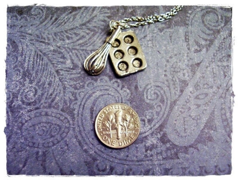 Silver Baker's Duo Necklace Antique Pewter Whisk and Muffin Tin Charms on a Delicate Silver Plated Cable Chain or Charms Only image 2