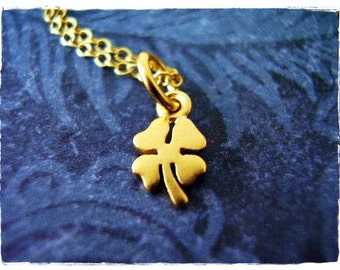 Tiny Gold Clover Necklace - Tiny Matte 24kt Gold Plate Clover Charm on a Delicate 14kt Gold Filled Cable Chain or Charm Only