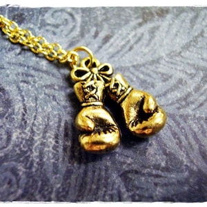 Gold Boxing Gloves Necklace - Antique Gold Pewter Boxing Gloves Charm on a Delicate Gold Plated Cable Chain or Charm Only