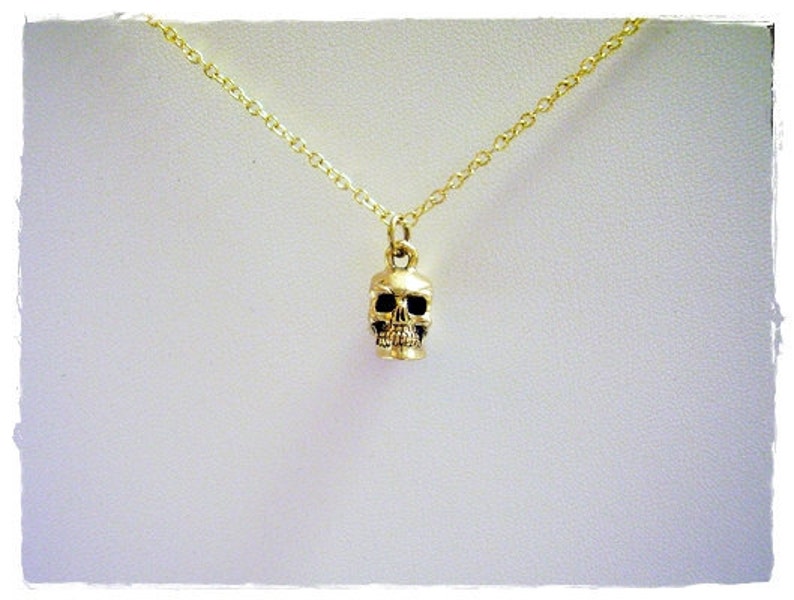 Gold Human Skull Necklace Antique Gold Pewter Human Skull Charm on a Delicate Gold Plated Cable Chain or Charm Only image 3