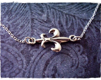 Silver Sideways Fleur de Lis Necklace - Sterling Silver Fleur de Lis Charm on a Delicate Sterling Silver Cable Chain or Charm Only
