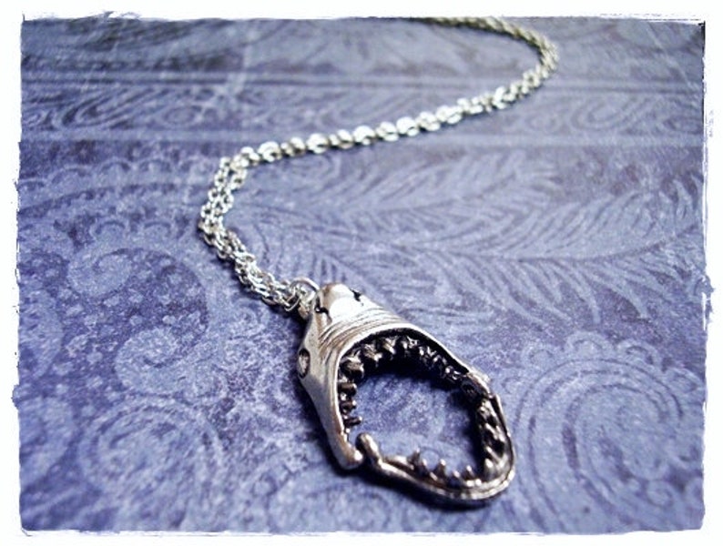 Movable Shark Jaws Necklace Antique Pewter Shark Jaws Charm on a Delicate Silver Plated Cable Chain or Charm Only image 4