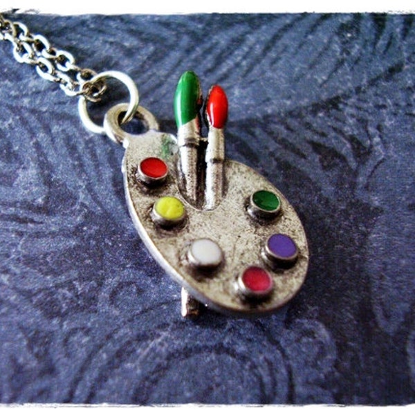 Silver Artist Palette Necklace - Enameled Antique Pewter Art Palette Charm on a Delicate Silver Plated Cable Chain or Charm Only