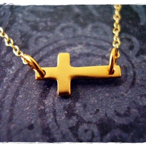 Tiny Sideways Gold Cross Necklace Matte 24kt Gold Plate Sideways Cross Charm on a Delicate 14kt Gold Filled Cable Chain or Charm Only image 1