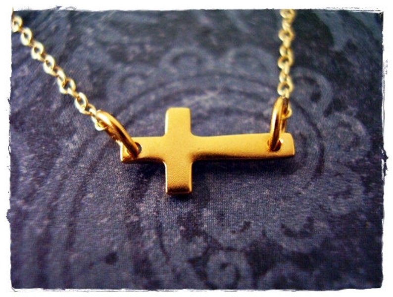 Tiny Sideways Gold Cross Necklace Matte 24kt Gold Plate Sideways Cross Charm on a Delicate 14kt Gold Filled Cable Chain or Charm Only image 1