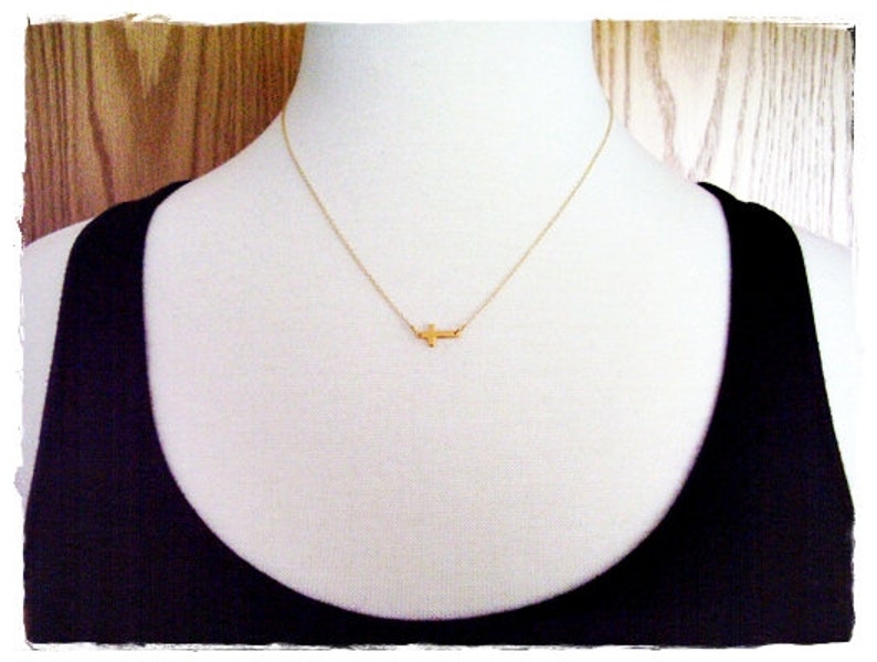 Tiny Sideways Gold Cross Necklace Matte 24kt Gold Plate Sideways Cross Charm on a Delicate 14kt Gold Filled Cable Chain or Charm Only image 3