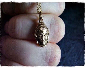 Gold Buddha Head Necklace - Bronze Buddha Head Charm on a Delicate 14kt Gold Filled Cable Chain or Charm Only