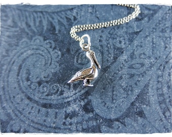 Tiny Pelican Necklace - Sterling Silver Pelican Charm on a Delicate Sterling Silver Cable Chain or Charm Only