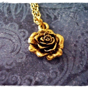 Gold Rose Necklace - Antique Gold Pewter Rose Charm on a Delicate Gold Plated Cable Chain or Charm Only