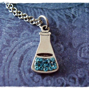Blue Crystal Beaker Necklace - Antique Pewter Blue Crystal Beaker Charm on a Delicate Stainless Steel Cable Chain or Charm Only