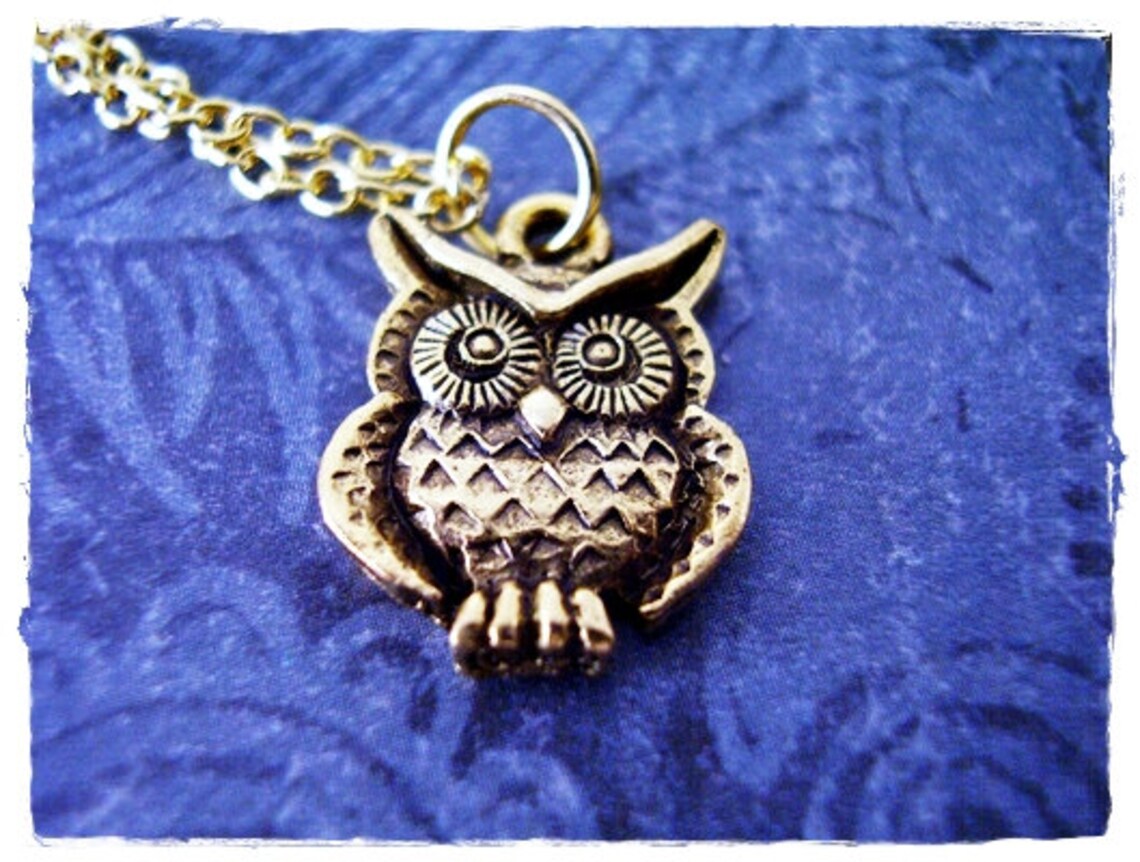 Tiny Gold Owl Necklace Antique Gold Pewter Owl Charm on a Etsy