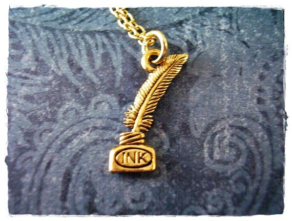 Gold Ink and Quill Necklace - Antique Gold Pewter Ink and Quill