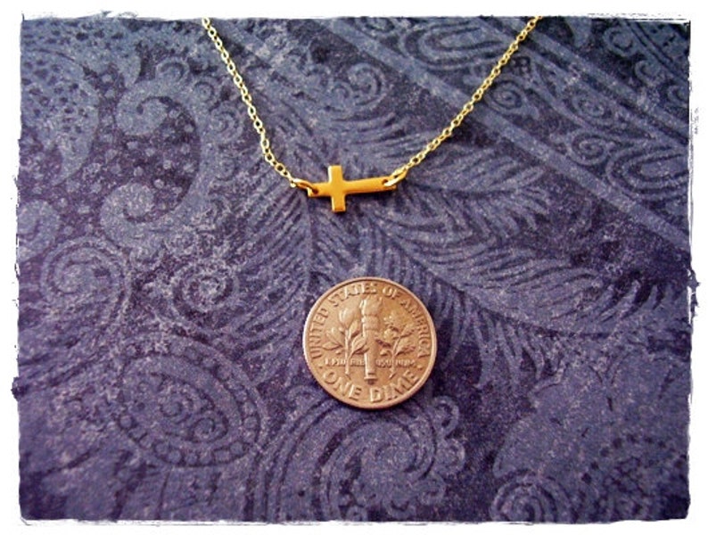 Tiny Sideways Gold Cross Necklace Matte 24kt Gold Plate Sideways Cross Charm on a Delicate 14kt Gold Filled Cable Chain or Charm Only image 2