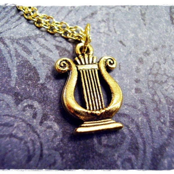 Gold Lyre Necklace - Antique Gold Pewter Lyre Charm on a Delicate Gold Plated Cable Chain or Charm Only