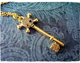 Gold Skull and Bones Key Necklace - Antique Gold Skull and Bones Key Charm on a Delicate Gold Plated Cable Chain or Charm Only