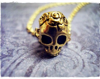 Gold Rose Skull Necklace - Antique Gold Pewter Rose Skull Bead on a Delicate Gold Plated Cable Chain or Bead Only