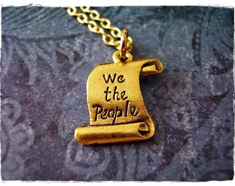Gold US Constitution Necklace - Antique Gold Pewter US Constitution Charm on a Delicate Gold Plated Cable Chain or Charm Only