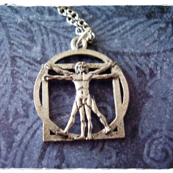 Silver Vitruvian Man Necklace - Antique Pewter Vitruvian Man Charm on a Delicate Silver Plated Cable Chain or Charm Only