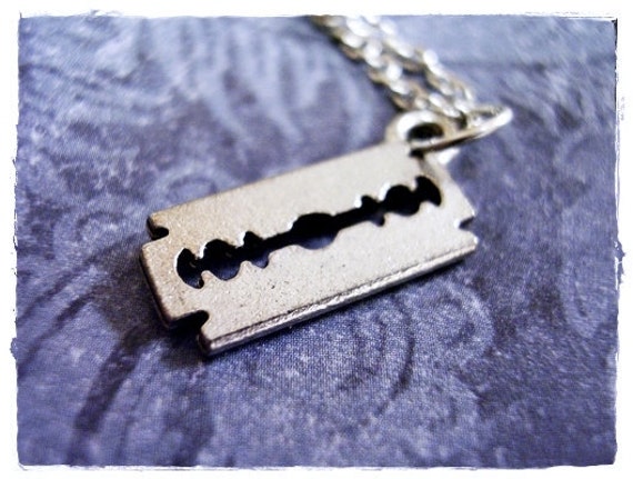 Silver Razor Blade Necklace Antique Pewter Razor Blade Charm 