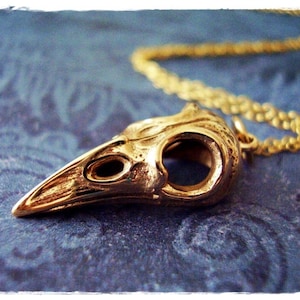 Gold Raven Skull Necklace - Bronze Raven Skull Charm on a Delicate 14kt Gold Filled Cable Chain or Charm Only