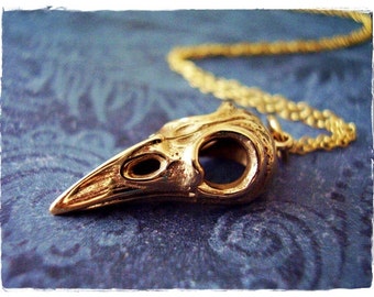 Gold Raven Skull Necklace - Bronze Raven Skull Charm on a Delicate 14kt Gold Filled Cable Chain or Charm Only