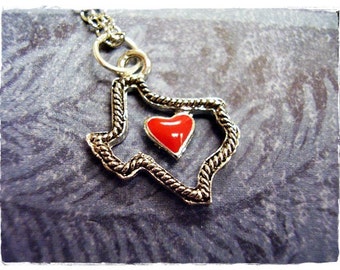 Red Heart Texas Necklace - Red Enameled Silver Pewter Texas Charm on a Delicate Silver Plated Cable Chain or Charm Only