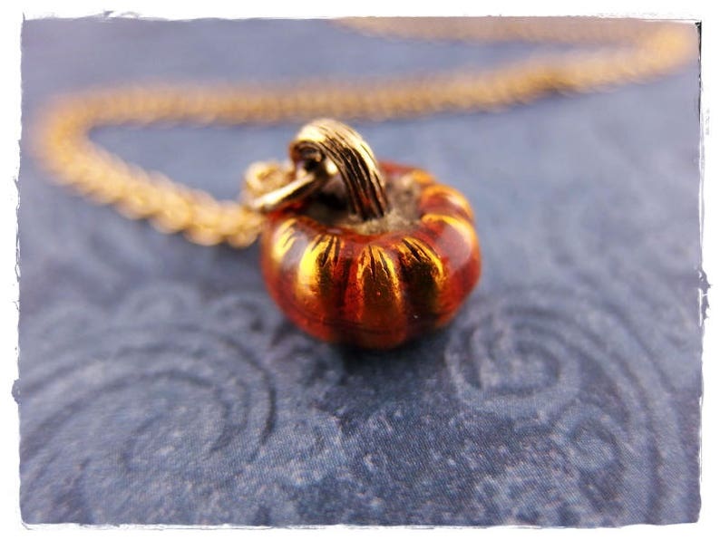 Orange Pumpkin Necklace Orange Enameled Antique Gold Pewter Pumpkin Charm on a Delicate Gold Plated Cable Chain or Charm Only image 1