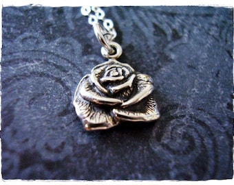 Silver Rose Necklace - Sterling Silver Rose Charm on a Delicate Sterling Silver Cable Chain or Charm Only