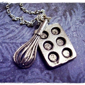 Silver Baker&#39;s Duo Necklace - Antique Pewter Whisk and Muffin Tin Charms on a Delicate Stainless Steel Cable Chain or Charms Only