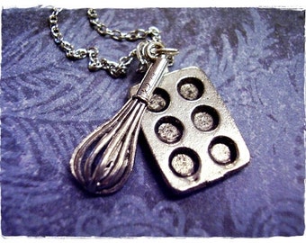 Silver Baker's Duo Necklace - Antique Pewter Whisk and Muffin Tin Charms on a Delicate Silver Plated Cable Chain or Charms Only