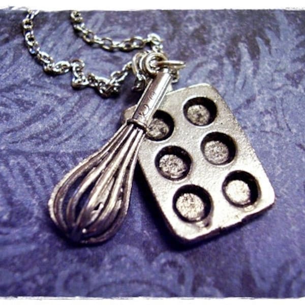 Silver Baker's Duo Necklace - Antique Pewter Whisk and Muffin Tin Charms on a Delicate Silver Plated Cable Chain or Charms Only